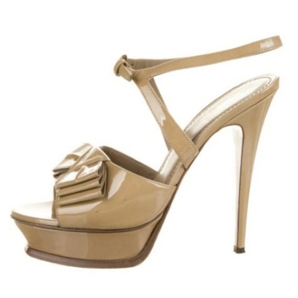 YVES SAINT LAURENT RIVE GAUCHE Patent Leather Beige Slingback Platform Sandal 39 - Picture 1 of 12